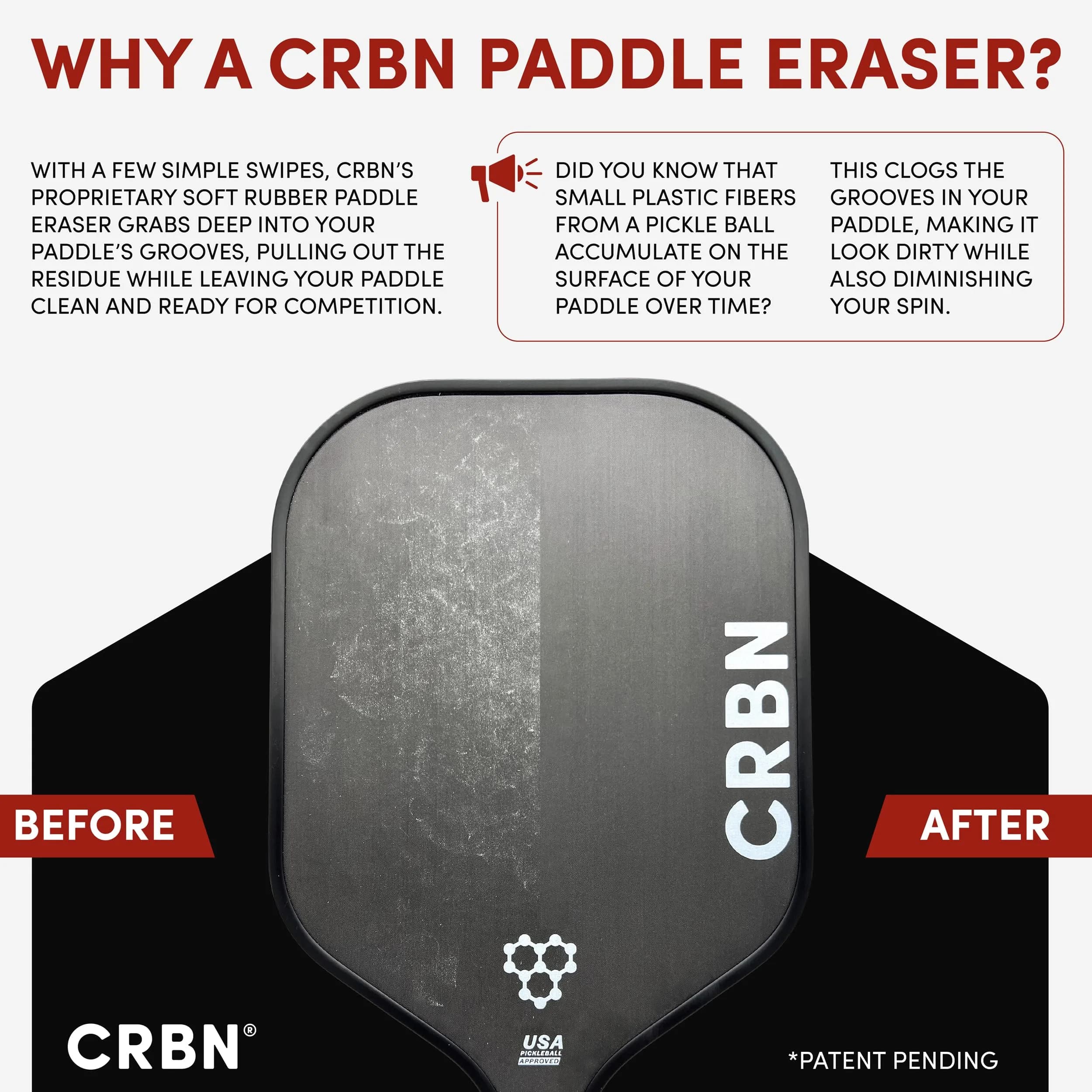 CRBN Pickleball Paddle Eraser Black 1 Pack | Cleans Carbon Fiber Racquets - view 2