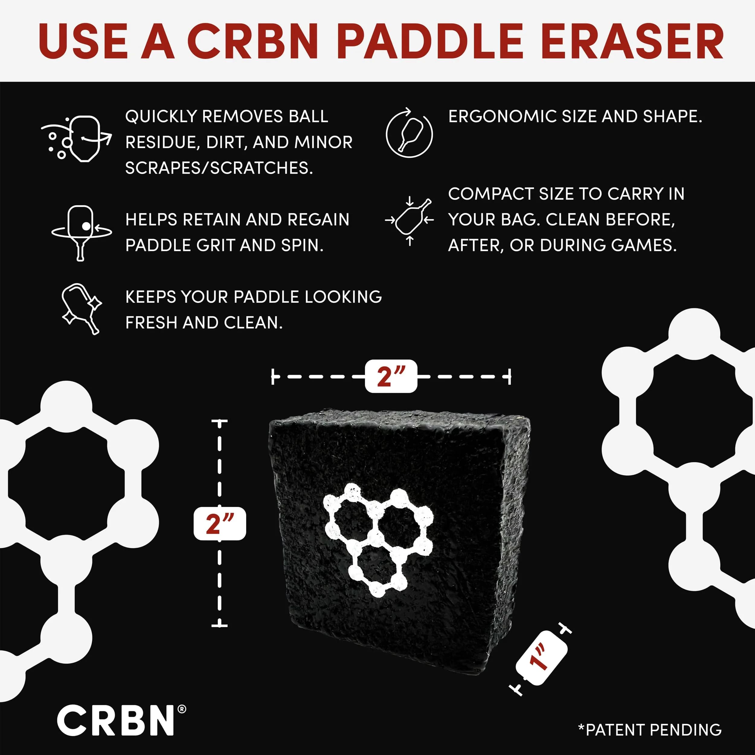 CRBN Pickleball Paddle Eraser Black 1 Pack | Cleans Carbon Fiber Racquets - view 3