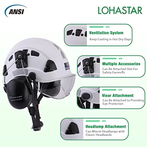 LOHASTAR Safety Helmet Hard Hat Vented ANSI Z89.1 Approved Work Hardhat for Forestry Chainsaw Tree Logging (White+Clear Visor+Earmuff) | 1 Size thumbnail 4