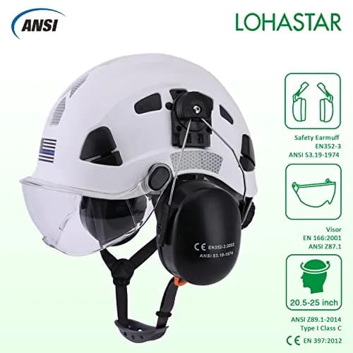 LOHASTAR Safety Helmet Hard Hat Vented ANSI Z89.1 Approved Work Hardhat for Forestry Chainsaw Tree Logging (White+Clear Visor+Earmuff) | 1 Size thumbnail 2