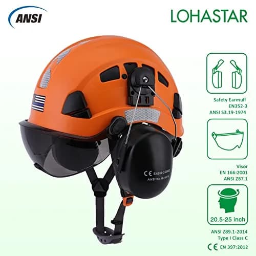 LOHASTAR Safety Helmet Hard Hat Vented ANSI Z89.1 Approved Work Hardhat for Forestry Chainsaw Arborist Tree Logging Helmet (Orange+Tinted Visor+Earmuff) | Impact-Resistant thumbnail 3