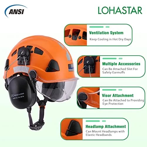 LOHASTAR Safety Hard Hat with Visor and Hearing Protection | ANSI Z89.1 Approved Work Helmet for Forestry, Chainsaw, Logging - Orange thumbnail 4