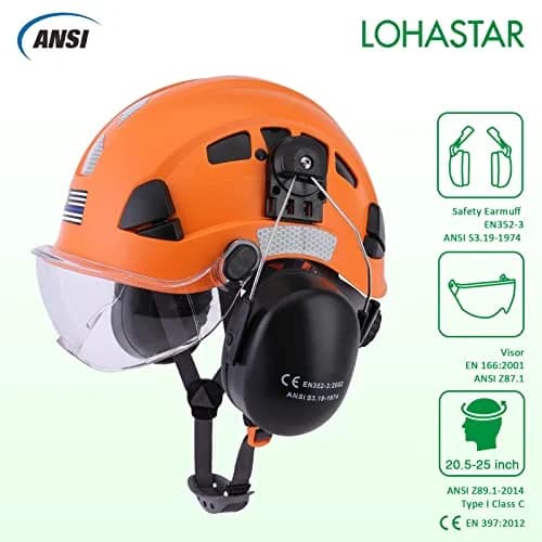 LOHASTAR Safety Hard Hat with Visor and Hearing Protection | ANSI Z89.1 Approved Work Helmet for Forestry, Chainsaw, Logging - Orange thumbnail 2