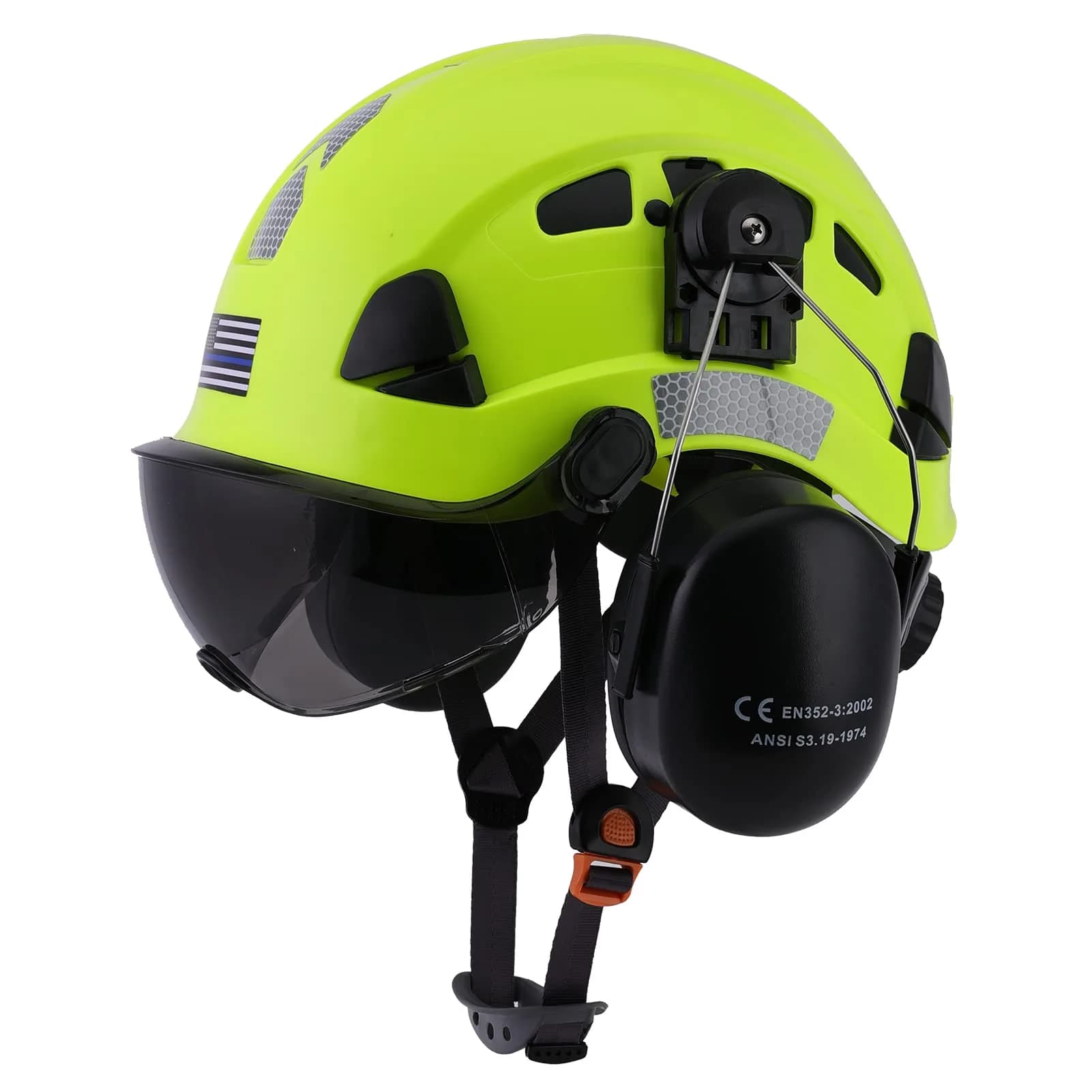 LOHASTAR Safety Helmet Hard Hat Vented ANSI Z89.1 Approved Work Hardhat for Forestry Chainsaw Arborist Tree Logging Helmet (Orange+Tinted Visor+Earmuff) | Impact-Resistant — Green+Tinted visor+Earmuff