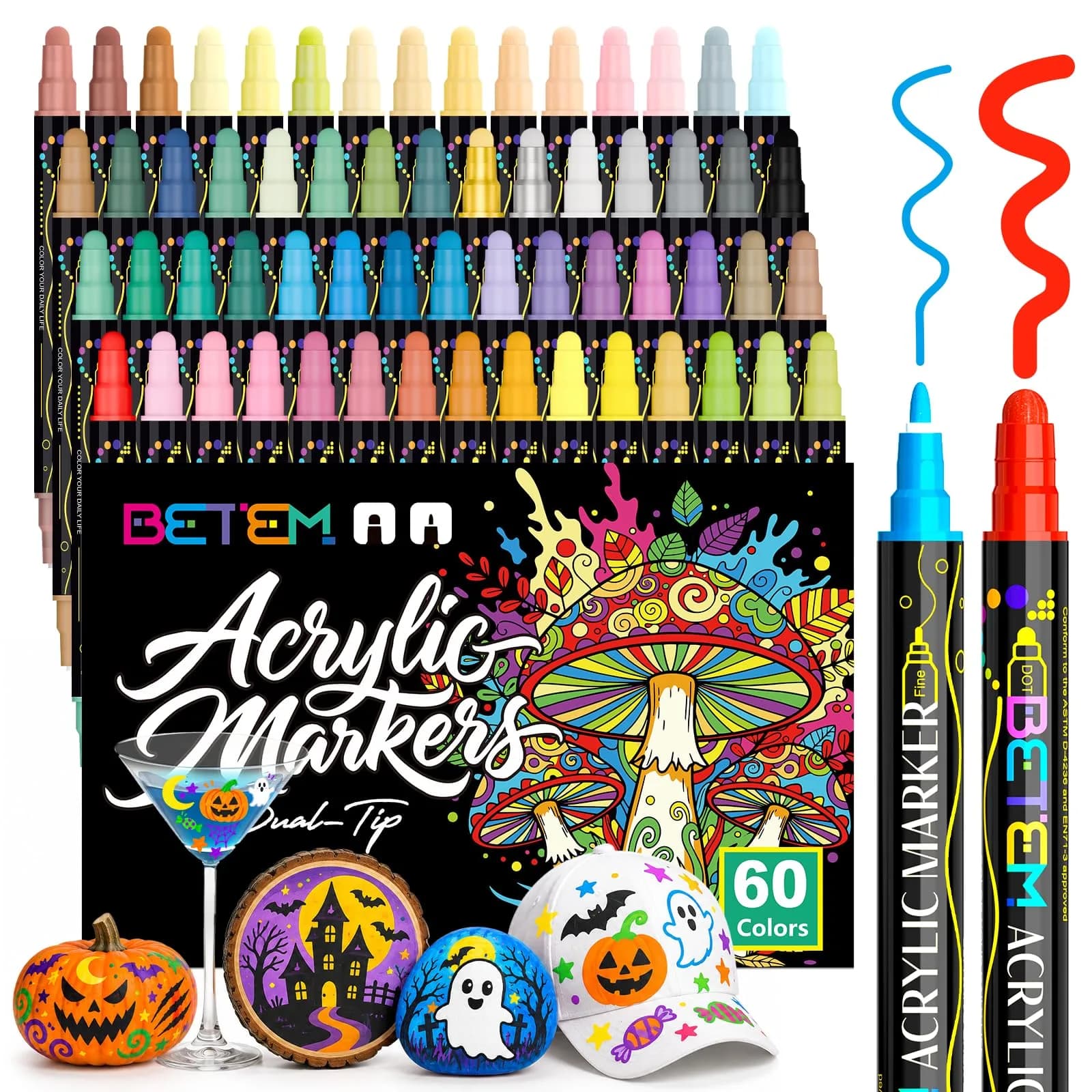 Betem 60 Colors Dual Tip Acrylic Paint Markers | Fabric & Art Supplies for DIY Crafts