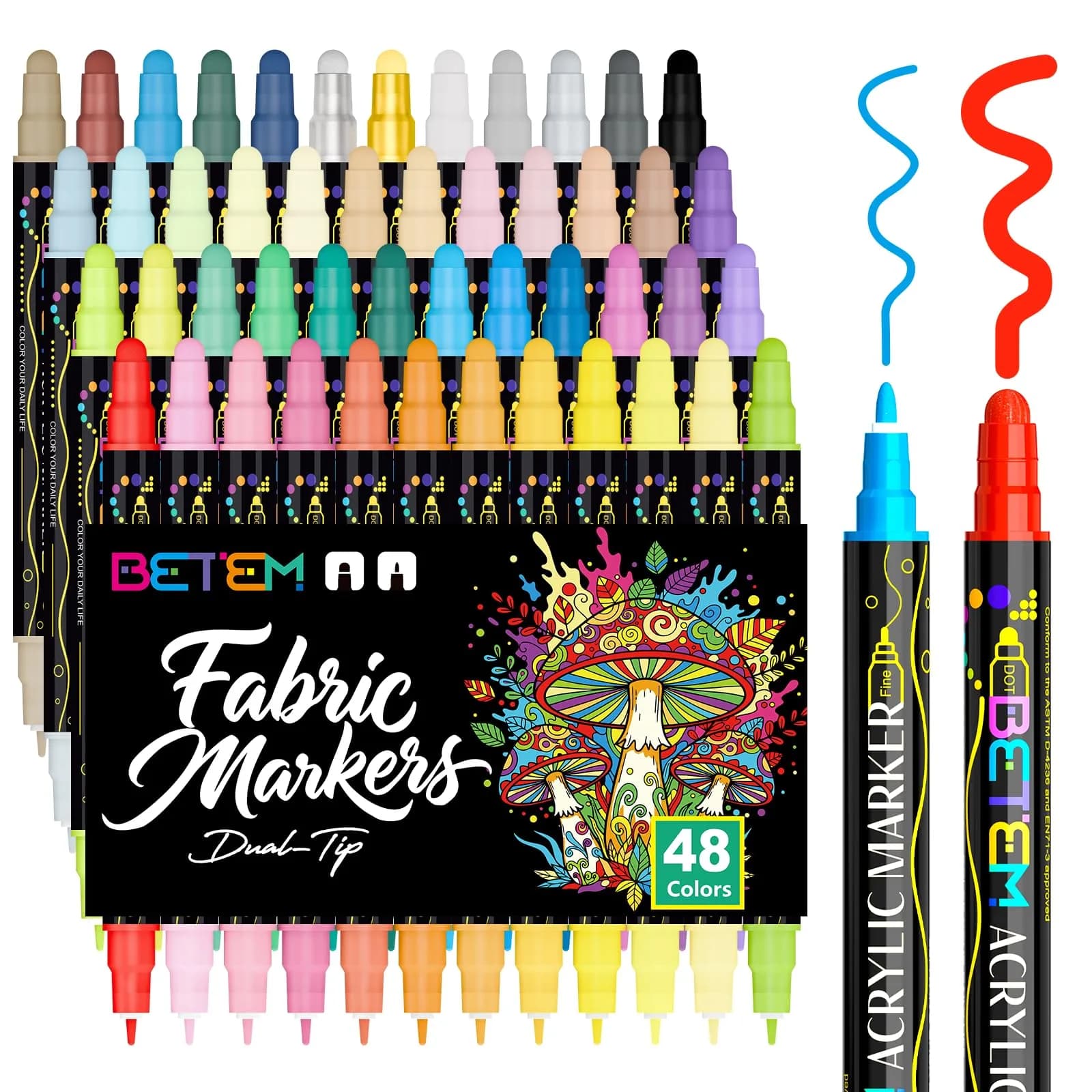 Betem Dual Tip Acrylic Paint Markers, 48 Colors Value Pack | Non-Toxic Art Supplies for Fabric, Rock, Wood, Glass, Canvas, Ceramic - main product image
