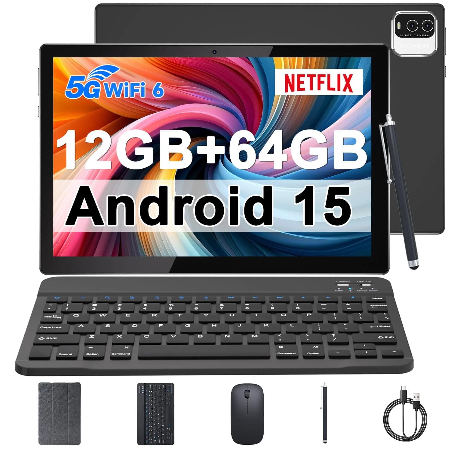 IWEGGO Android 15 Tablet 10.1 Inch 12GB RAM 64GB ROM Black | 1.8GHz Quad-Core Processor, 1280x800 IPS HD - main product image