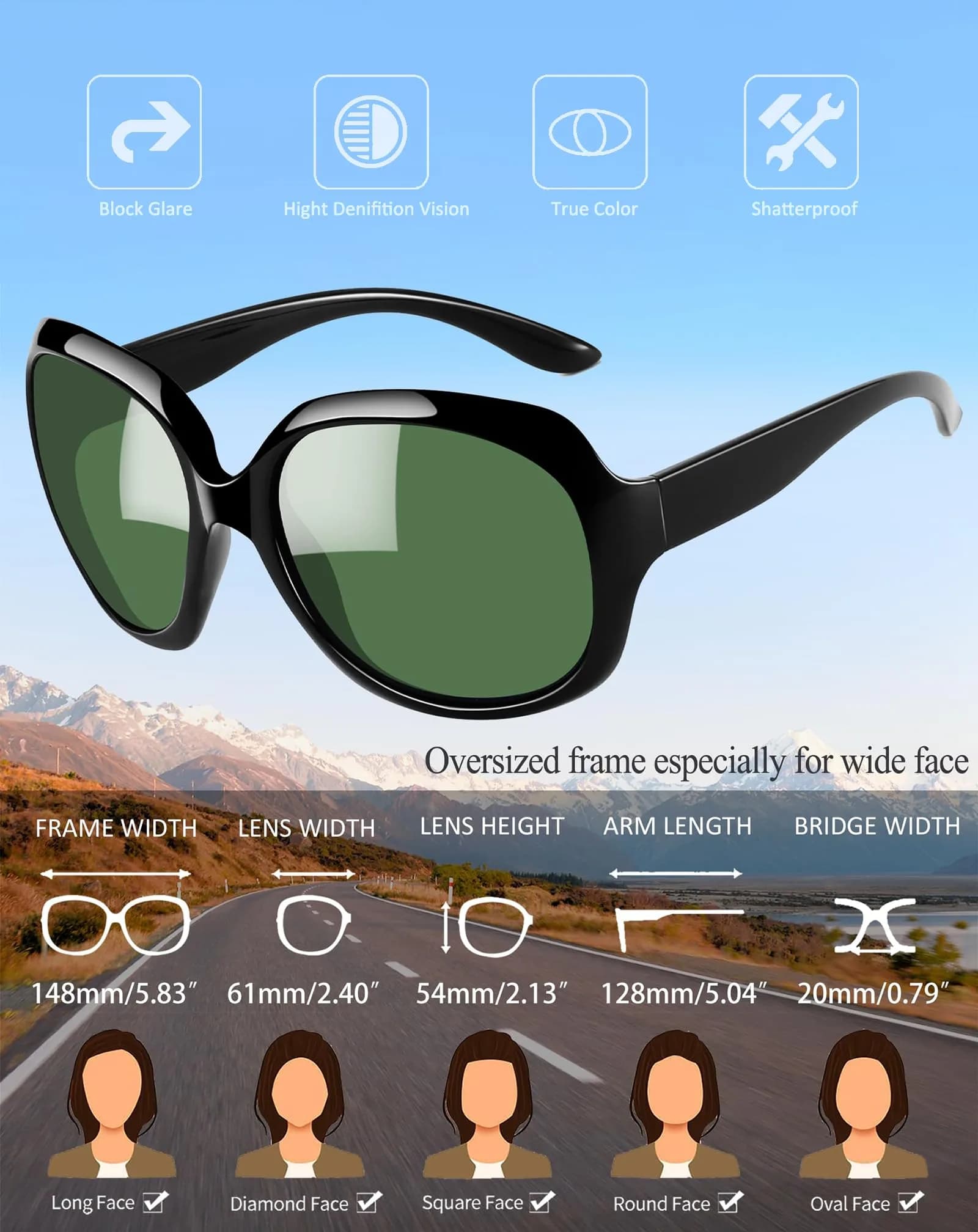 Joopin Oversized Butterfly Sunglasses - Black Frame with Green G15 Lenses | UV400 Polarized Protection - view 3