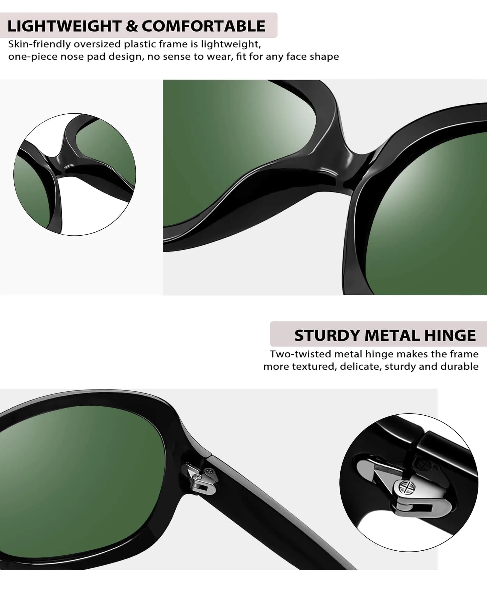 Joopin Oversized Butterfly Sunglasses - Black Frame with Green G15 Lenses | UV400 Polarized Protection - view 4