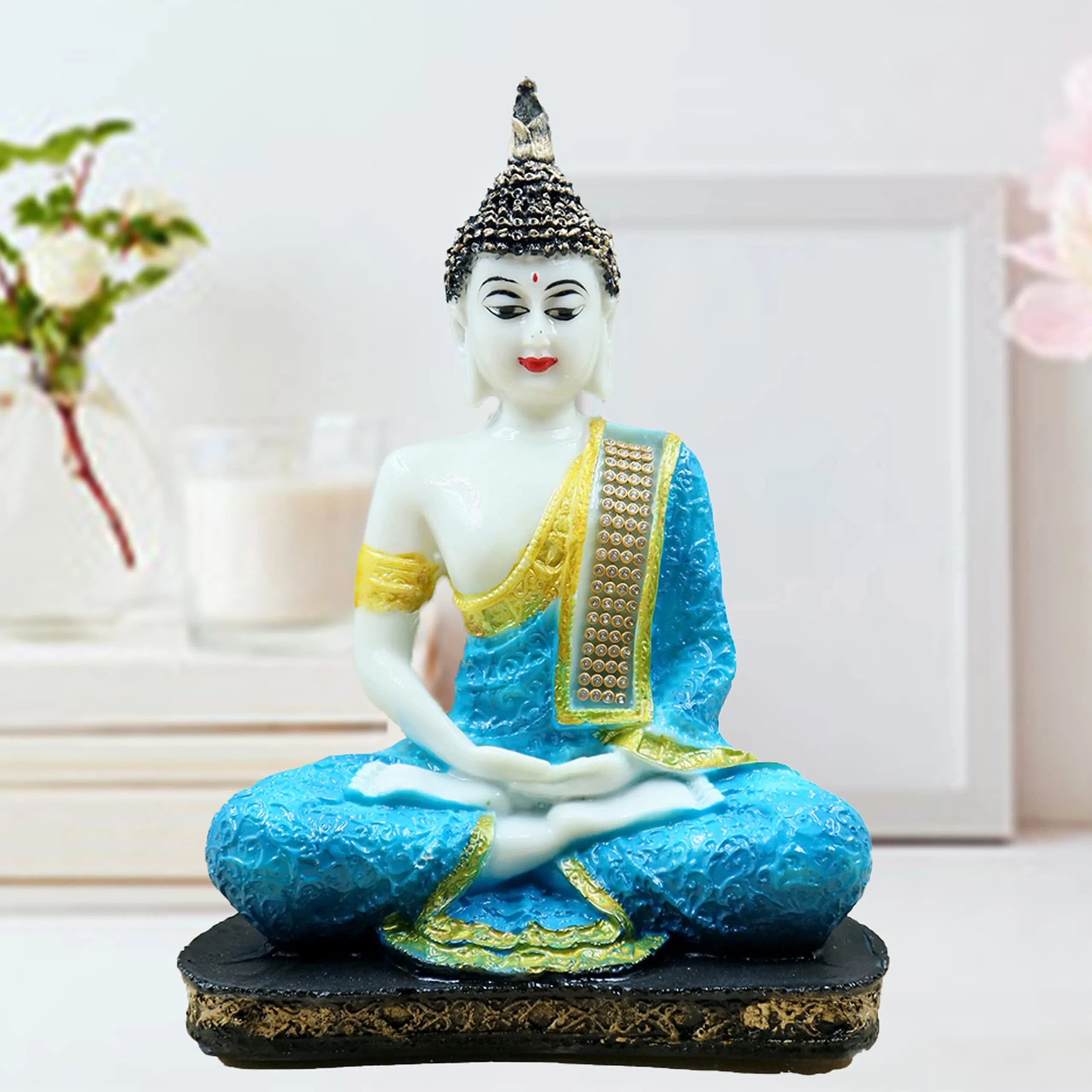 JAIPUR ACE Meditating Buddha Polyresin Idol Showpiece 13cm (5in) | Classic Design Home Decor Figurine — Blue,green,white
