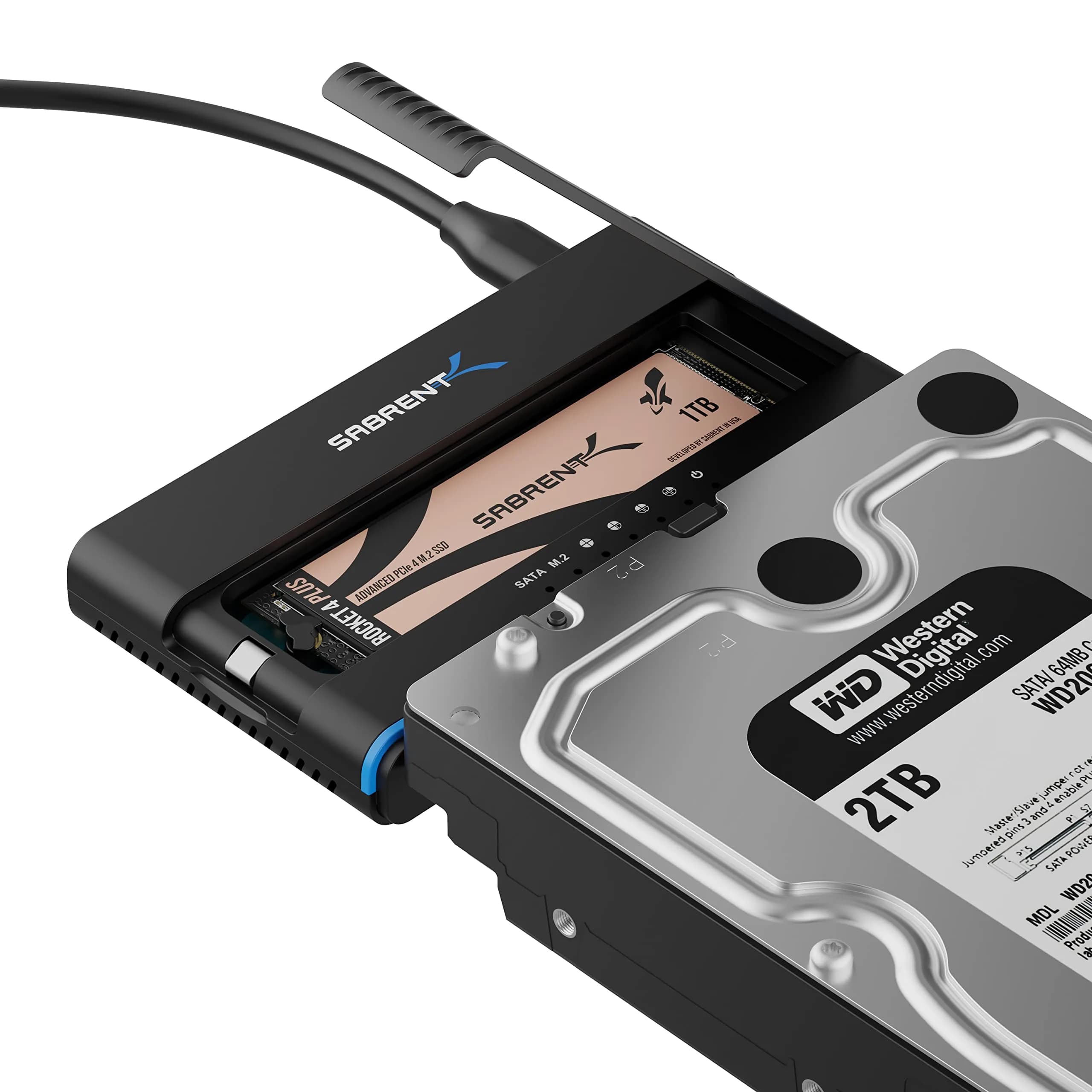 SABRENT USB-C M.2 NVMe + 2.5/3.5in SATA SSD/HDD Adapter (DS-UCMH) 40g (1.4oz) | Tool-Free Cloning & 10Gbps Transfer - main product image