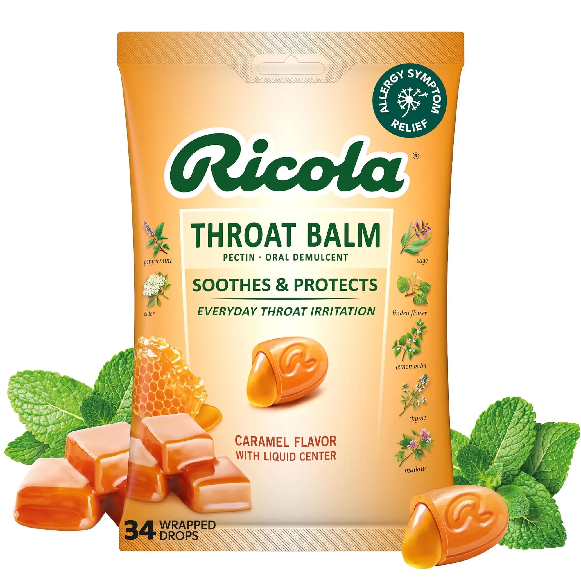Ricola Throat Balm Caramel Herbal Throat Drops - 34 Count | Swiss Alpine Herbs for Gentle Voice Care — Orange