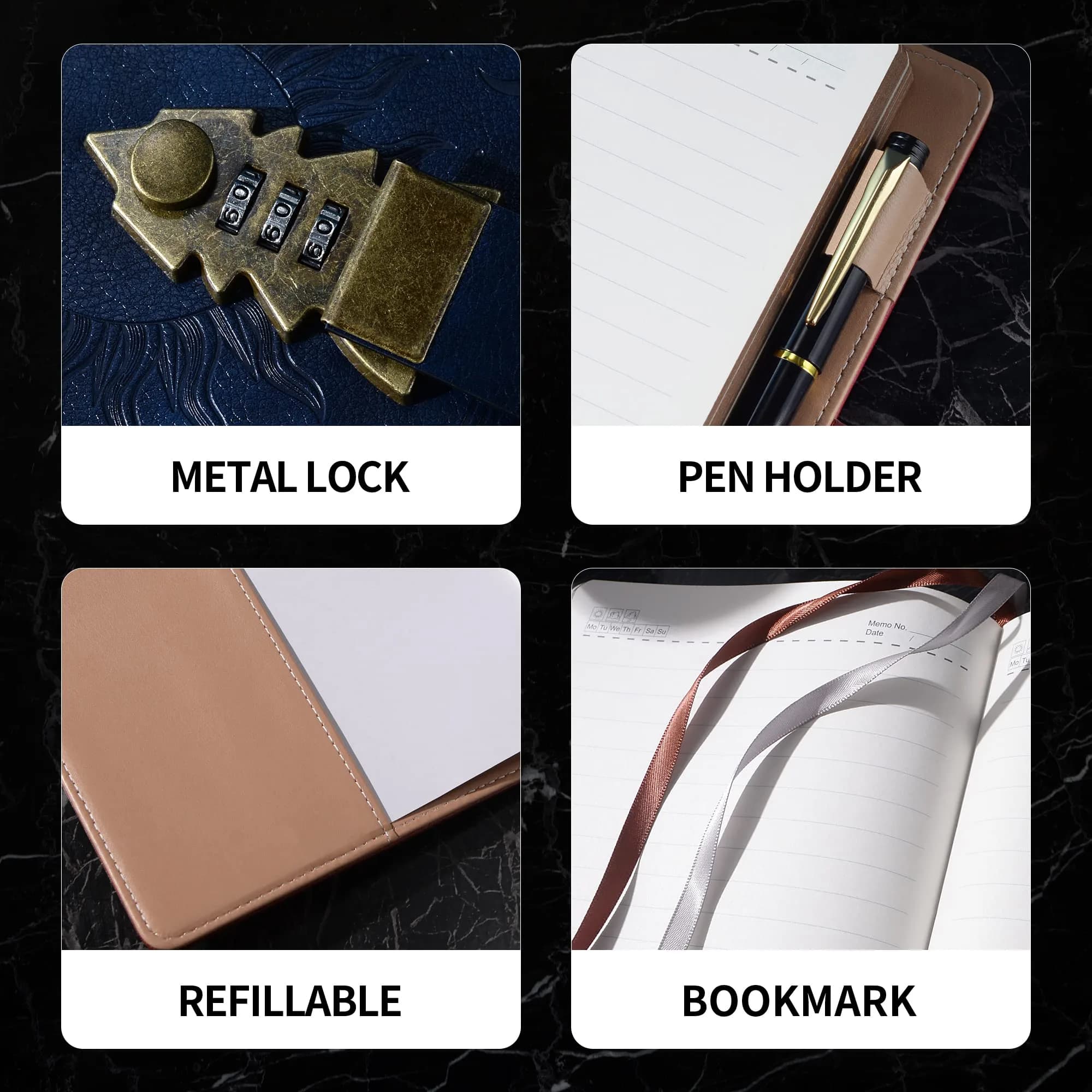 ZXHQ Lock Diary for Women & Men, A5 240 Pages Lockable Journal with Pen, Vintage Edge Design, Refillable Leather Journal Writing Notebook, Size A5(8.5 × 5.9 Inch) Dark Blue thumbnail 5