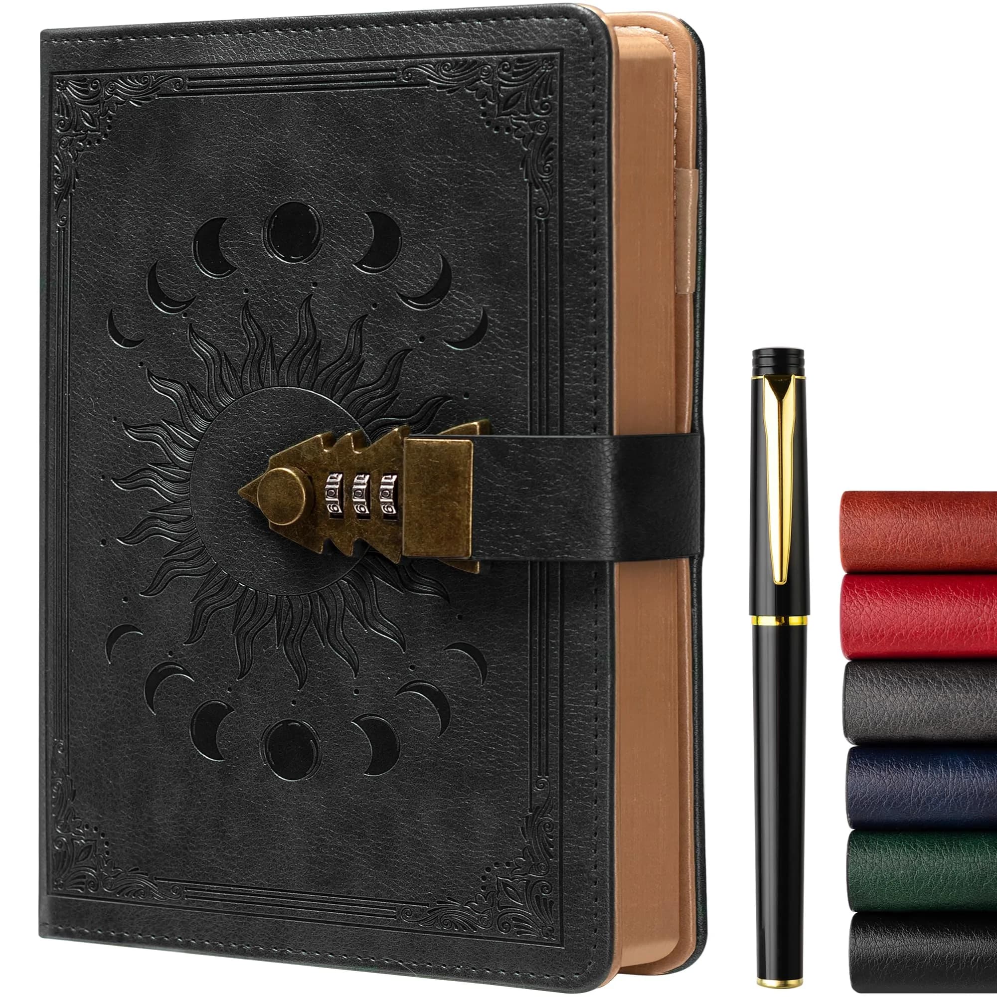 ZXHQ A5 Lock Diary with Pen Set, 260 Pages Refillable Leather Hardcover, 15.6 x 23 cm (5.9 x 8.5 inch) | Secure Password Lock for Privacy — Black-A1