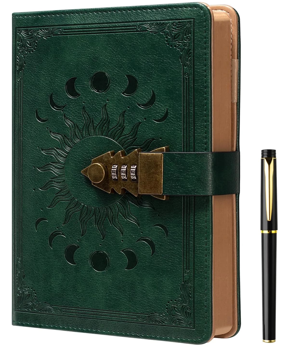 ZXHQ Lock Journal with Pen, A5 Refillable Diary with Combination Lock, 224 Pages | Secure Personal Organizer — Blackish Green