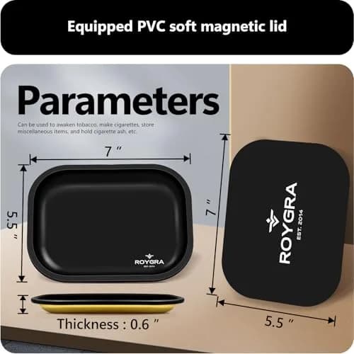 roygra Rolling Tray with Magnetic Lid | Durable Metal Desktop Storage Tray 7 x 5.5 inches thumbnail 2