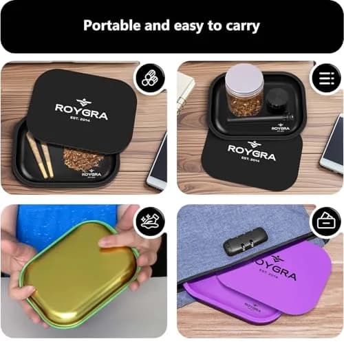 roygra Rolling Tray with Magnetic Lid | Durable Metal, Portable 7 x 5.5 Inches thumbnail 3