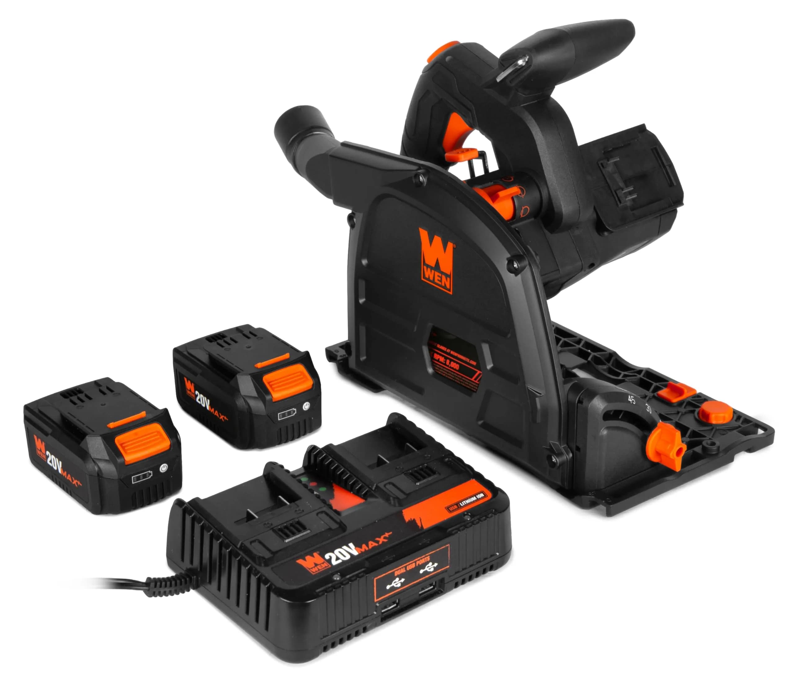 WEN 20V Max Cordless 6.5-Inch Track Saw | Brushless, Variable Speed, Two 4.0 Ah Batteries