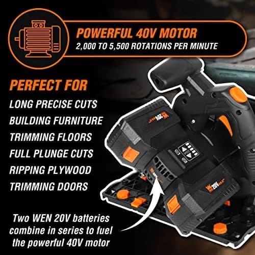 WEN 20V Max Cordless 6.5-Inch Track Saw | Brushless, Variable Speed, Two 4.0 Ah Batteries thumbnail 3