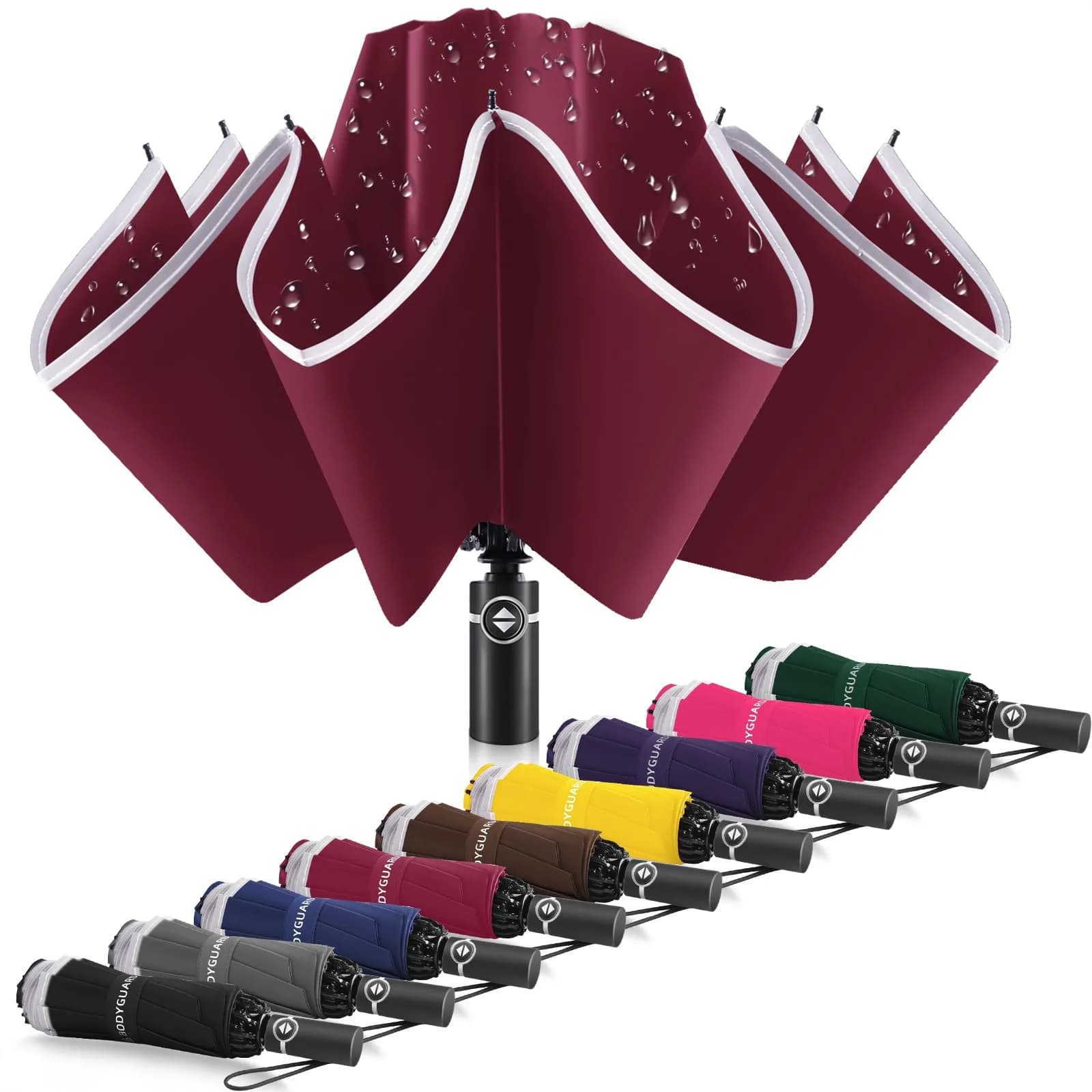 Bodyguard Inverted Umbrella 46 IN Windproof Rain Sun Travel Compact Reflective Burgundy
