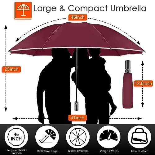 Bodyguard Inverted Umbrella 46 IN Windproof Rain Sun Travel Compact Reflective Burgundy thumbnail 4