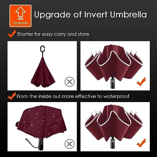 Bodyguard Inverted Umbrella 46 IN Windproof Rain Sun Travel Compact Reflective Burgundy thumbnail 5
