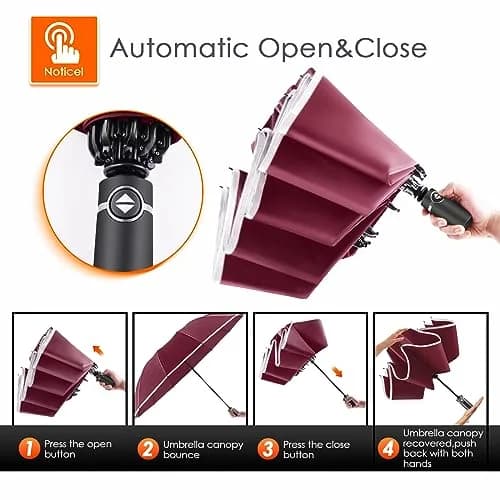 Bodyguard Inverted Umbrella 46 IN Windproof Rain Sun Travel Compact Reflective Burgundy thumbnail 6