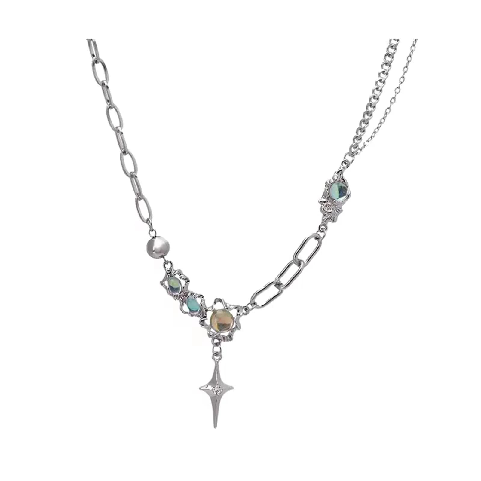 Buyongwant Silver Necklace Star Pendant Moonlight Stone | Irregular Collar Chain for Women