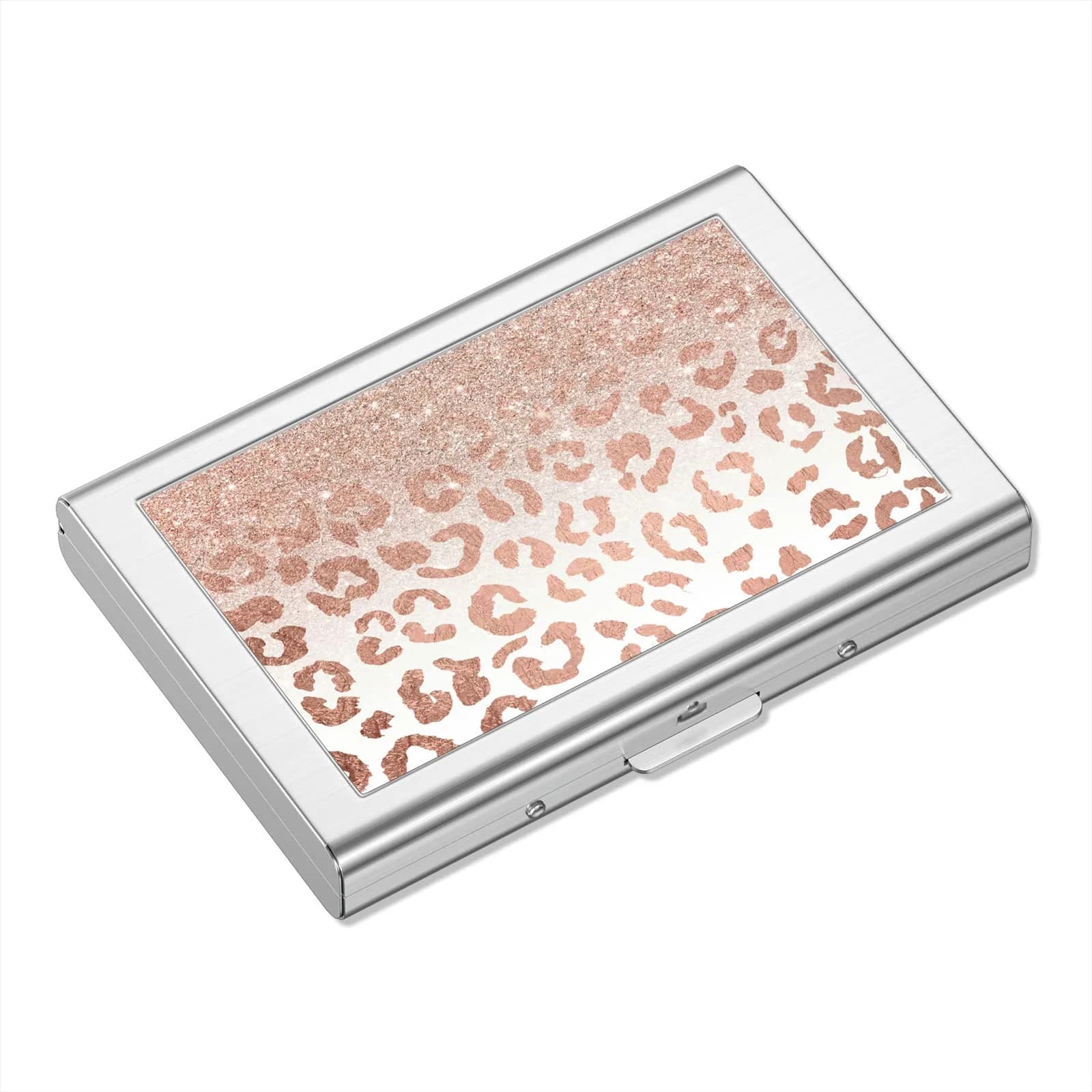 Rimilak Metal Credit Card Holder Mini Wallet Pink Leopard | RFID Blocking Slim Card Case for Women