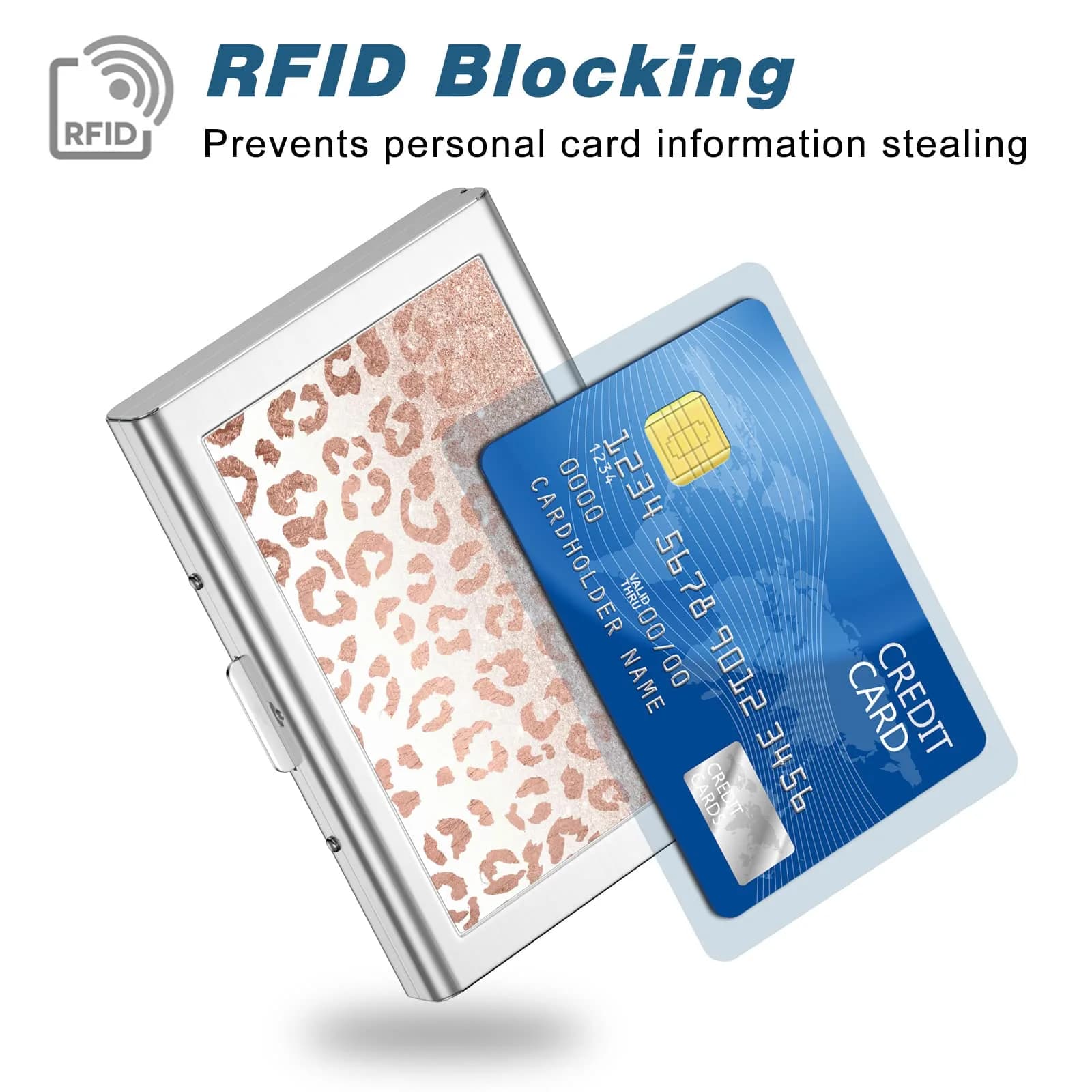 Rimilak Metal Credit Card Holder Mini Wallet Pink Leopard | RFID Blocking Slim Card Case for Women - view 2