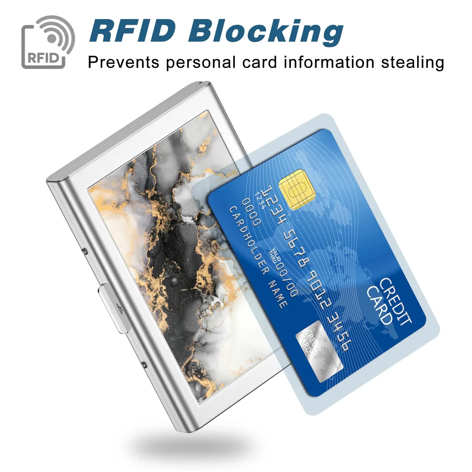 Rimilak Metal Credit Card Holder, Mini Wallet, Black Gold Marble | RFID Blocking Slim Case for Women - view 2