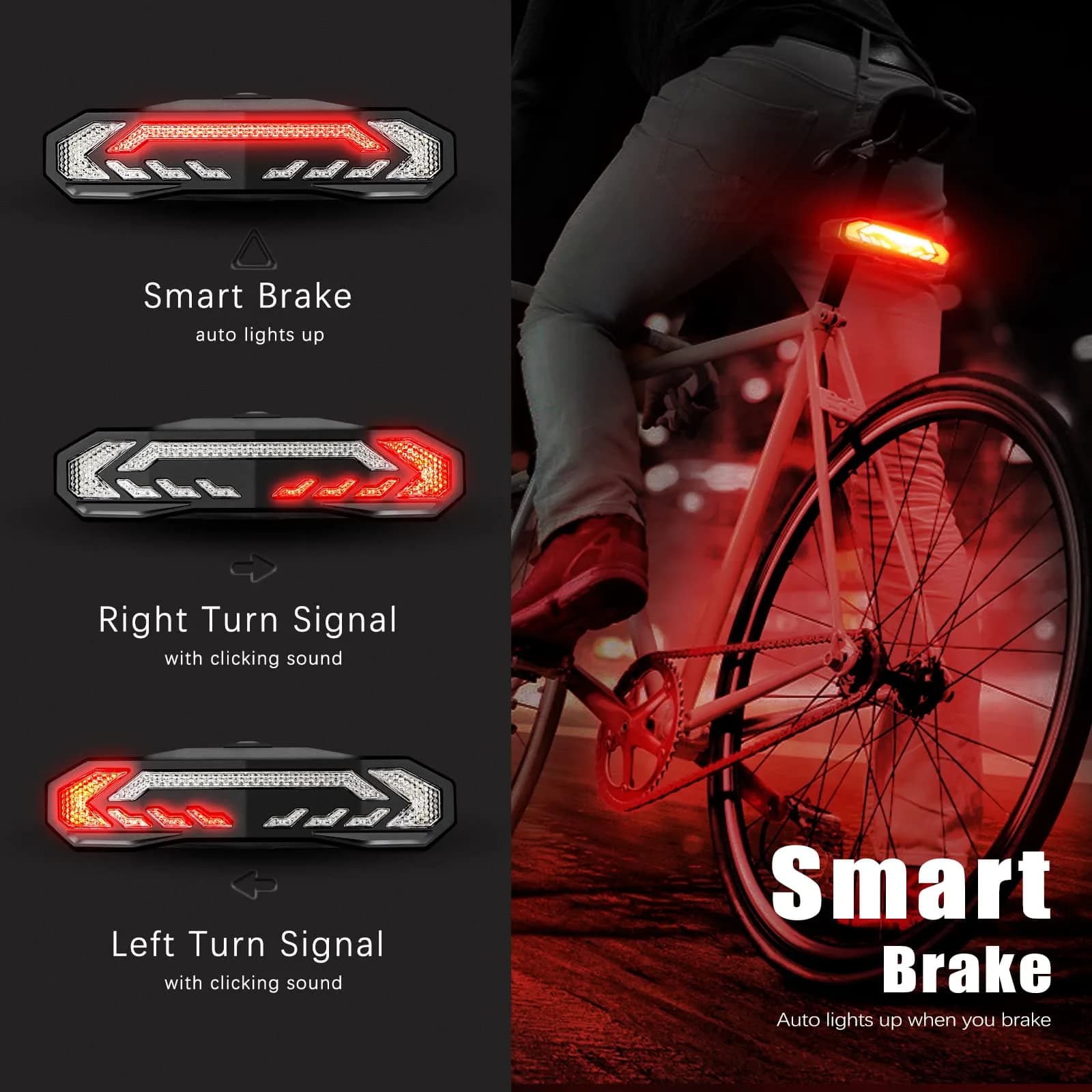 wsdcam Smart Bike Light with Turn Signals, Brake Light, and Alarm Horn - Auto ON/Off Rechargeable Waterproof Rear Bicycle Tail Light with Remote | product 09a64f89 - view 3
