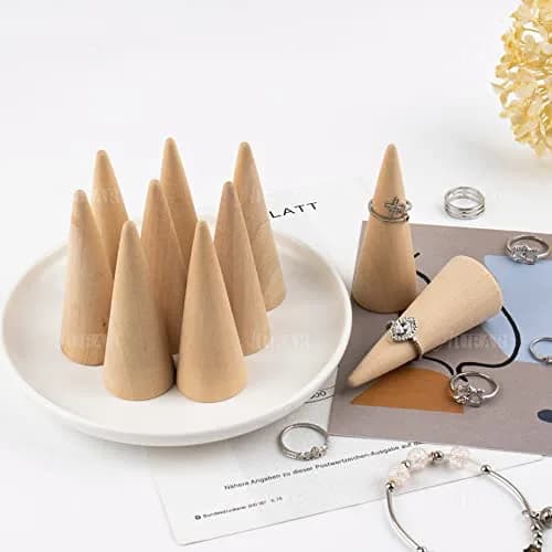 AUEAR 10 Pack Wooden Cone Ring Display Holder, 3cm (1.18") x 8cm (3.15") | Natural Wood Finger Jewelry Stand thumbnail 4