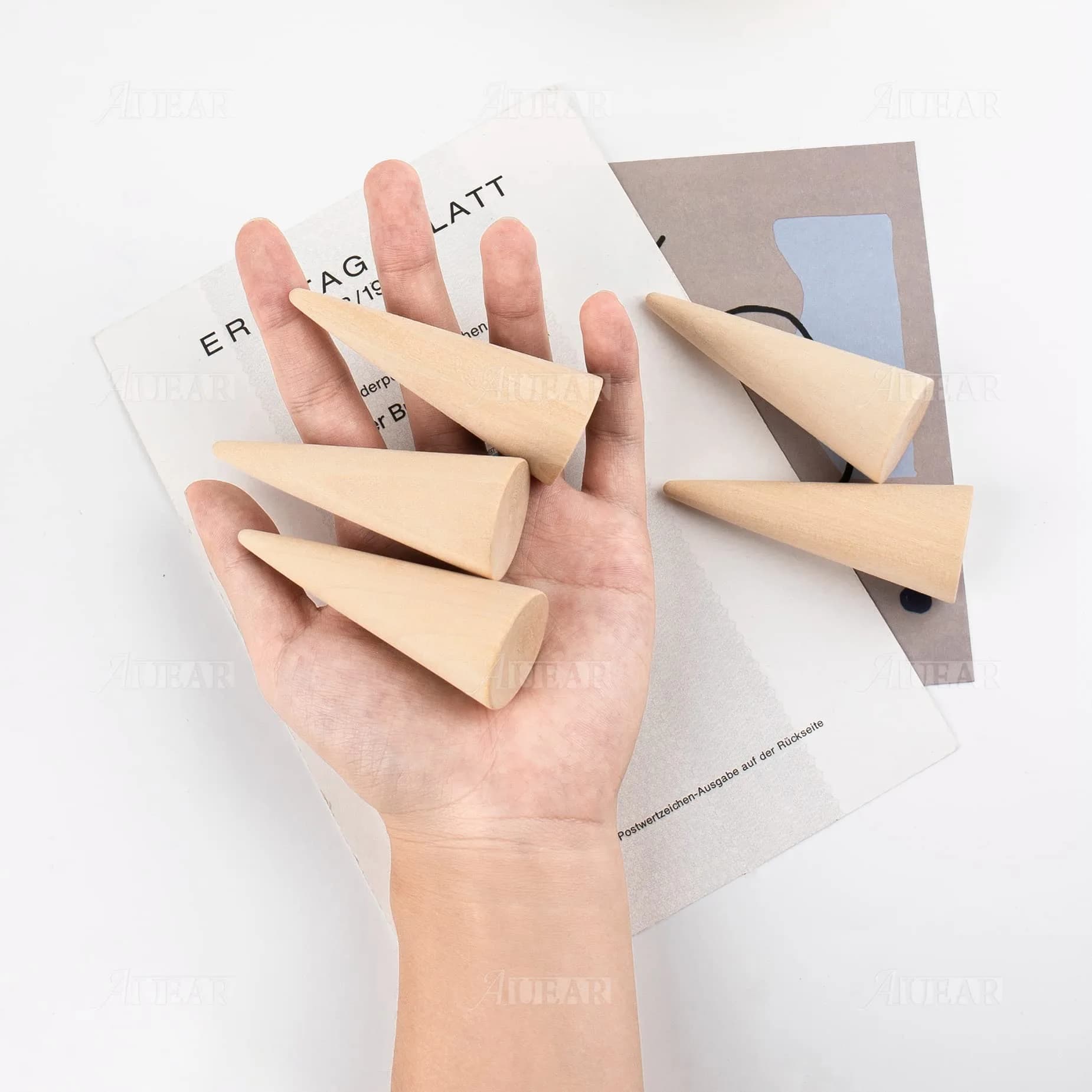 AUEAR 10 Pack Wooden Cone Ring Display Holder, 3cm (1.18") x 8cm (3.15") | Natural Wood Finger Jewelry Stand - view 6