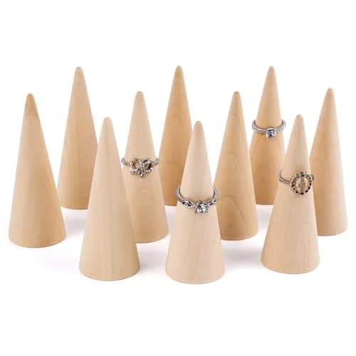 AUEAR 10 Pack Wooden Cone Ring Display Holder, 3cm (1.18") x 8cm (3.15") | Natural Wood Finger Jewelry Stand thumbnail 1