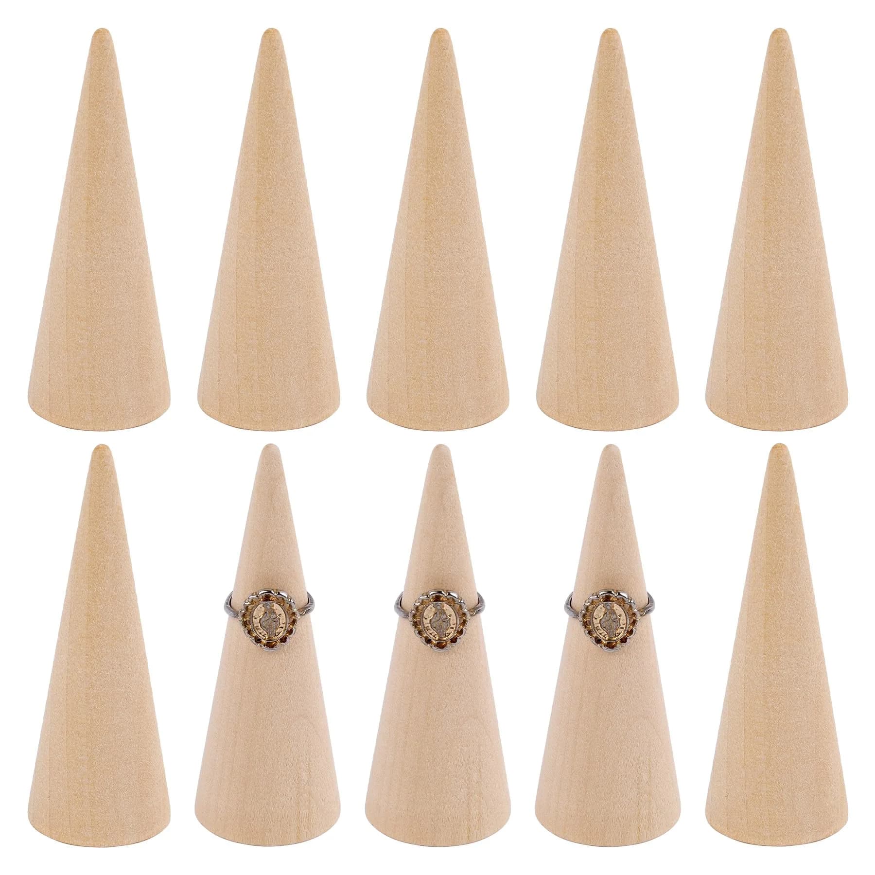 AUEAR 10 Pack Wooden Cone Ring Display Holder, 3cm (1.18") x 8cm (3.15") | Natural Wood Finger Jewelry Stand - view 9