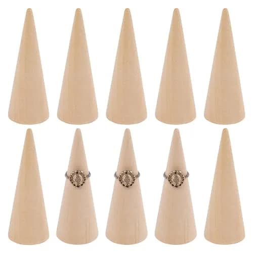 AUEAR 10 Pack Wooden Cone Ring Display Holder, 3cm (1.18") x 8cm (3.15") | Natural Wood Finger Jewelry Stand thumbnail 9