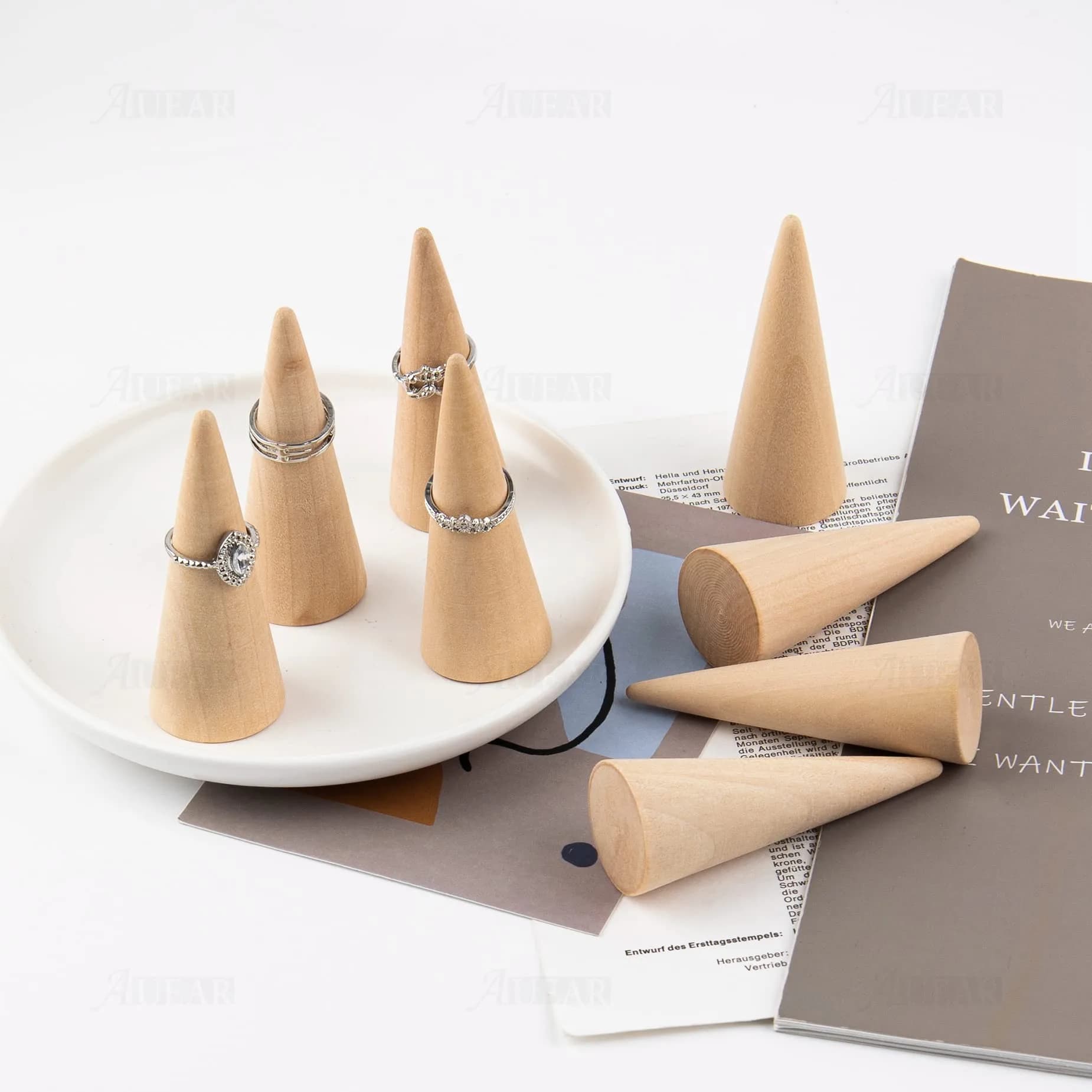 AUEAR 10 Pack Wooden Cone Ring Display Holder, 3cm (1.18") x 8cm (3.15") | Natural Wood Finger Jewelry Stand - view 2
