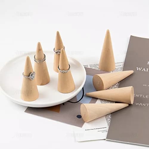 AUEAR 10 Pack Wooden Cone Ring Display Holder, 3cm (1.18") x 8cm (3.15") | Natural Wood Finger Jewelry Stand thumbnail 2
