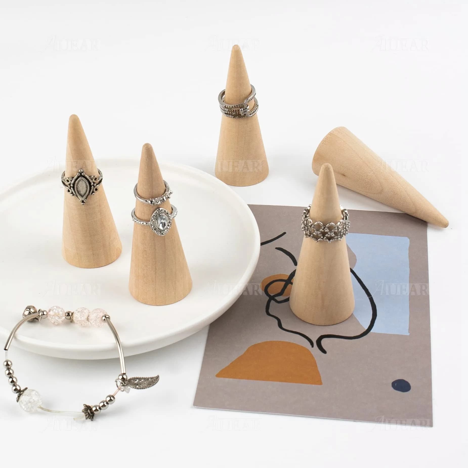 AUEAR 10 Pack Wooden Cone Ring Display Holder, 3cm (1.18") x 8cm (3.15") | Natural Wood Finger Jewelry Stand - view 3