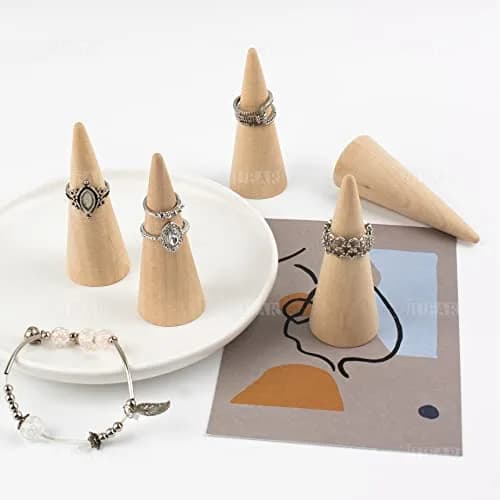 AUEAR 10 Pack Wooden Cone Ring Display Holder, 3cm (1.18") x 8cm (3.15") | Natural Wood Finger Jewelry Stand thumbnail 3