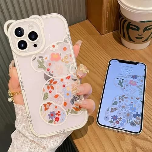 IAIYOXI iPhone 13 Case with Cute Flowers & Bear Pattern | Camera Protector & Strap Chain (Clear) thumbnail 4