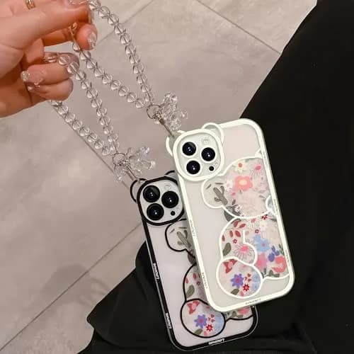 IAIYOXI iPhone 13 Case with Cute Flowers & Bear Pattern | Camera Protector & Strap Chain (Clear) thumbnail 5