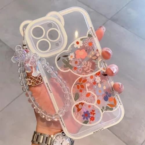 IAIYOXI iPhone 13 Case with Cute Flowers & Bear Pattern | Camera Protector & Strap Chain (Clear) thumbnail 6