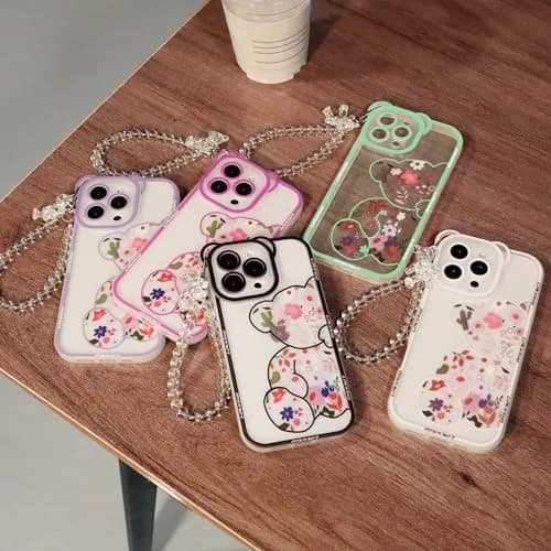 IAIYOXI iPhone 13 Case with Cute Flowers & Bear Pattern | Camera Protector & Strap Chain (Clear) thumbnail 7