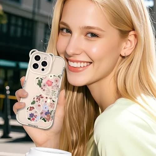IAIYOXI iPhone 13 Case with Cute Flowers & Bear Pattern | Camera Protector & Strap Chain (Clear) thumbnail 8