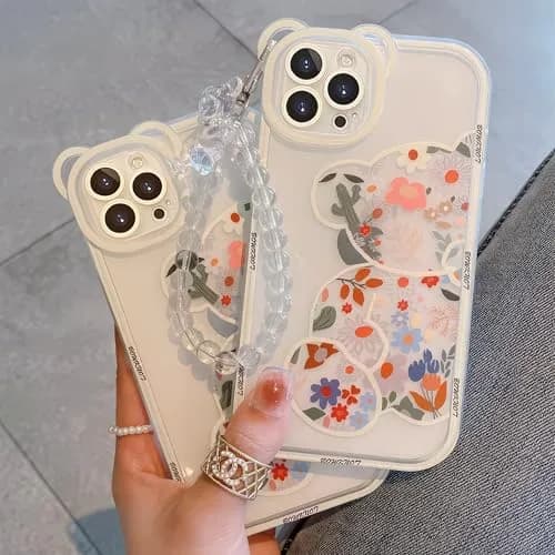 IAIYOXI iPhone 13 Case with Cute Flowers & Bear Pattern | Camera Protector & Strap Chain (Clear) thumbnail 2