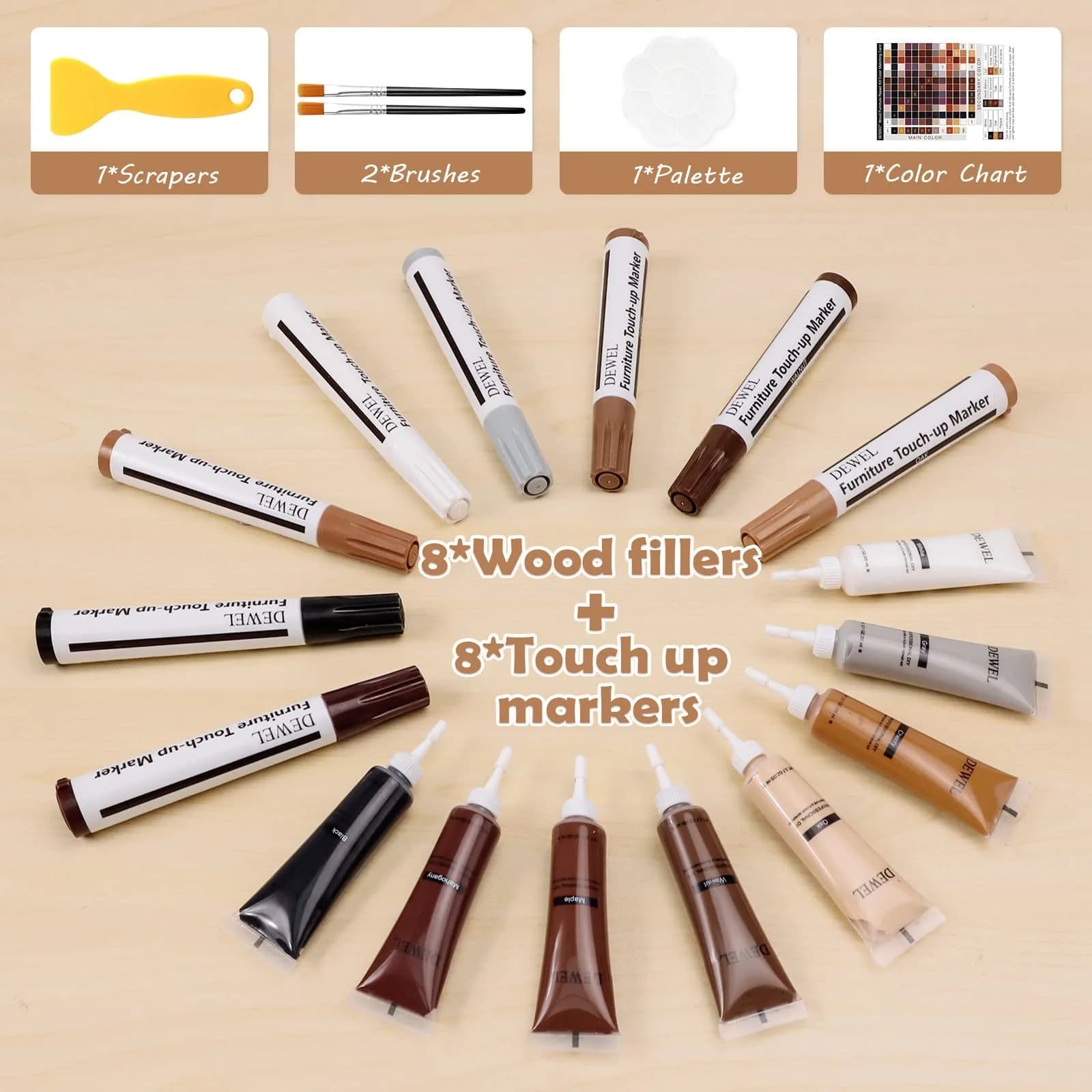 SEISSO Wood Furniture Repair Kit 8 Colors Wood Fillers & Touch Up Markers | Restore Tables, Cabinets, Floors - view 2