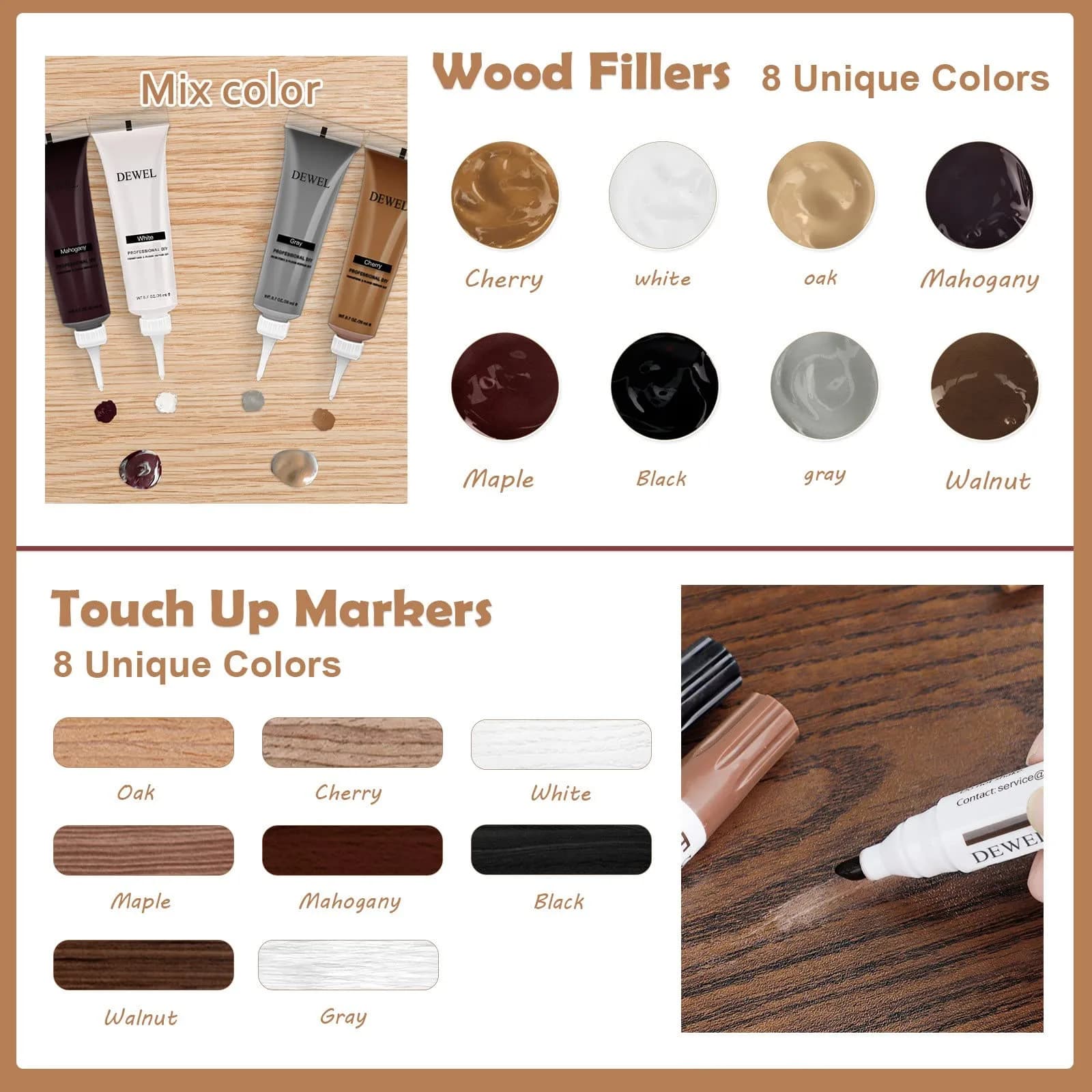 SEISSO Wood Furniture Repair Kit 8 Colors Wood Fillers & Touch Up Markers | Restore Tables, Cabinets, Floors - view 3