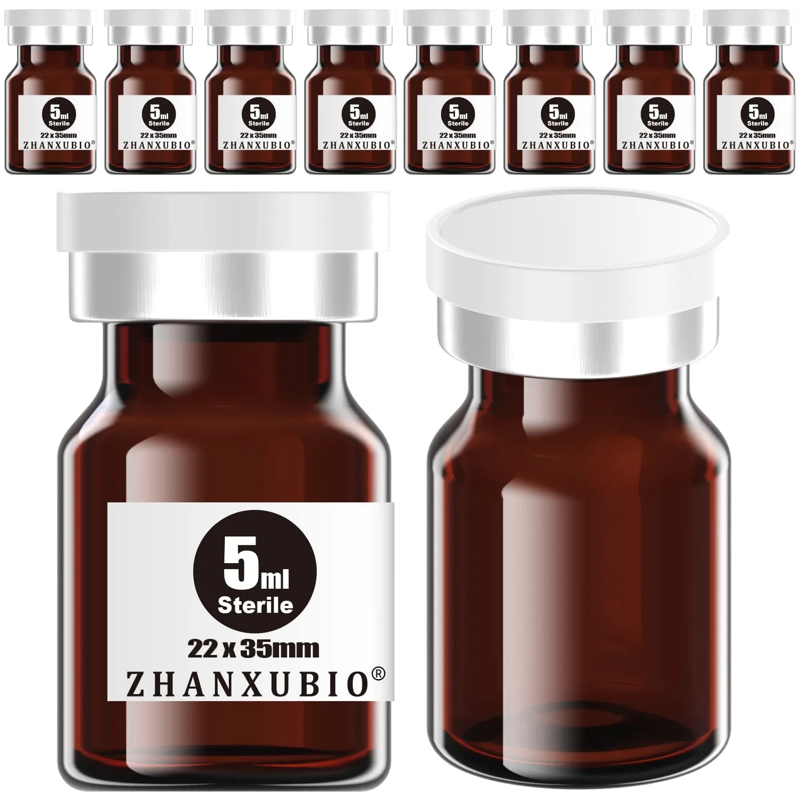 ZHANXUBIO 5ml Amber Sterile Sample Vials with Self Healing Injection Port, 10PCS | Laboratory Glassware for Sterile Storage — 5ml Amber 10PCS